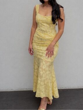 Lulu's Yellow Lace Maxi Dress with Ruched Bodice